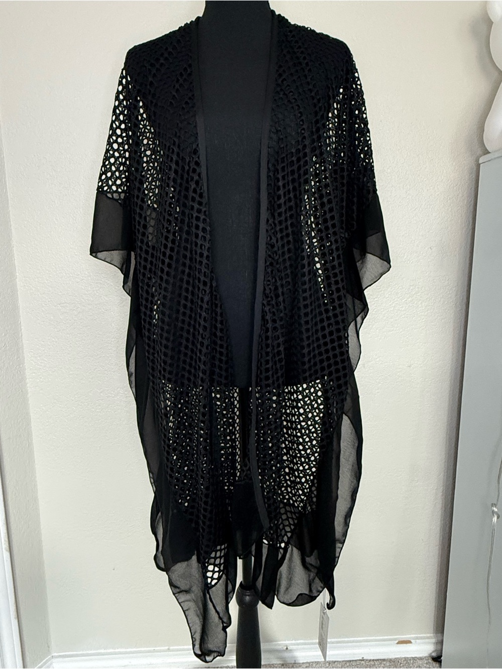 Sheer Black Openwork Kimono Cape - Women's Jacket & Coat